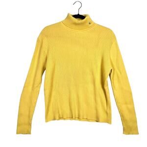 Ralph Lauren L Women Yellow Cotton Ribbed Embroidered Logo Turtleneck Sweater